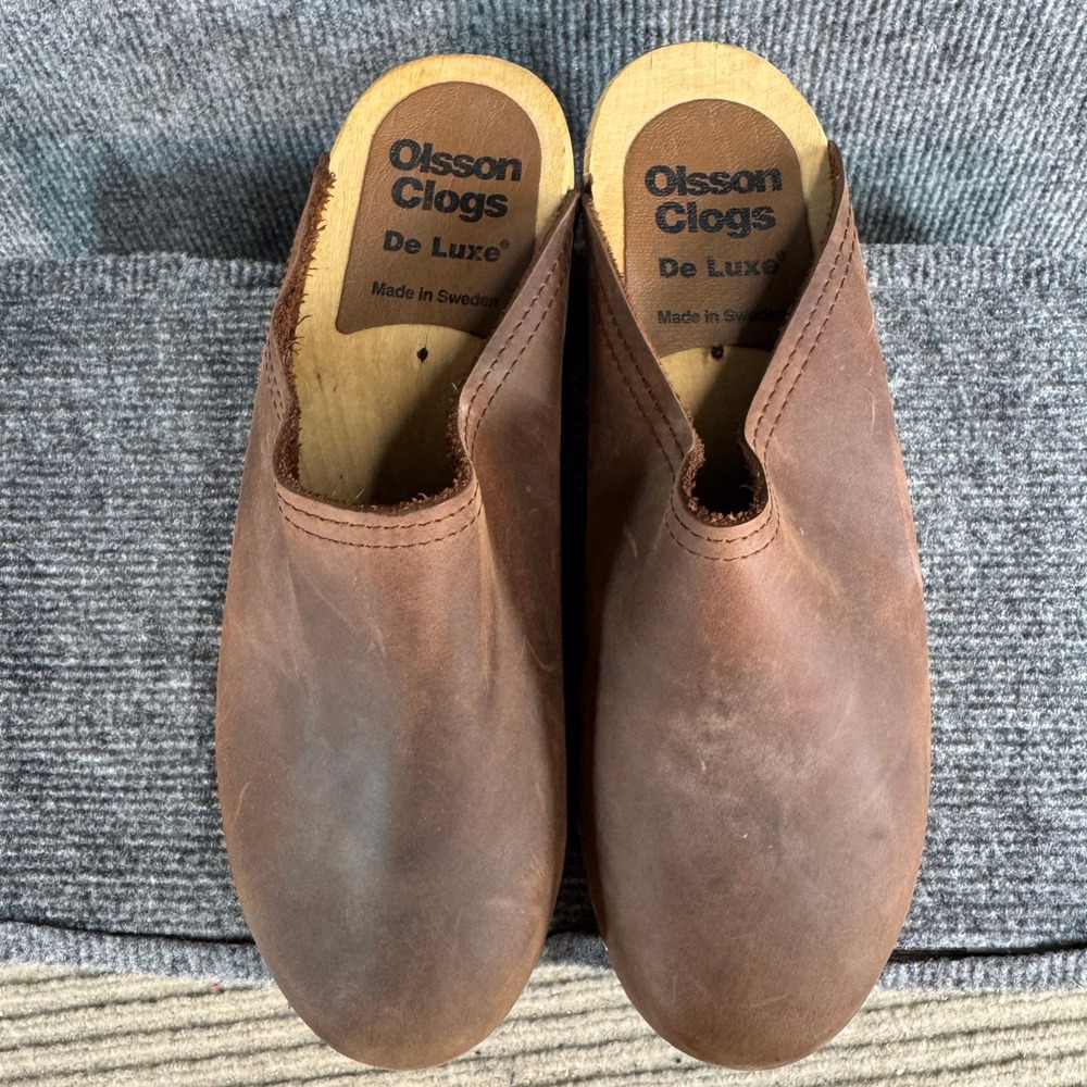 Olsson Clogs De Luxe Brown Leather Wooden Mules Made in Sweden Size 42 - Picture 4 of 16